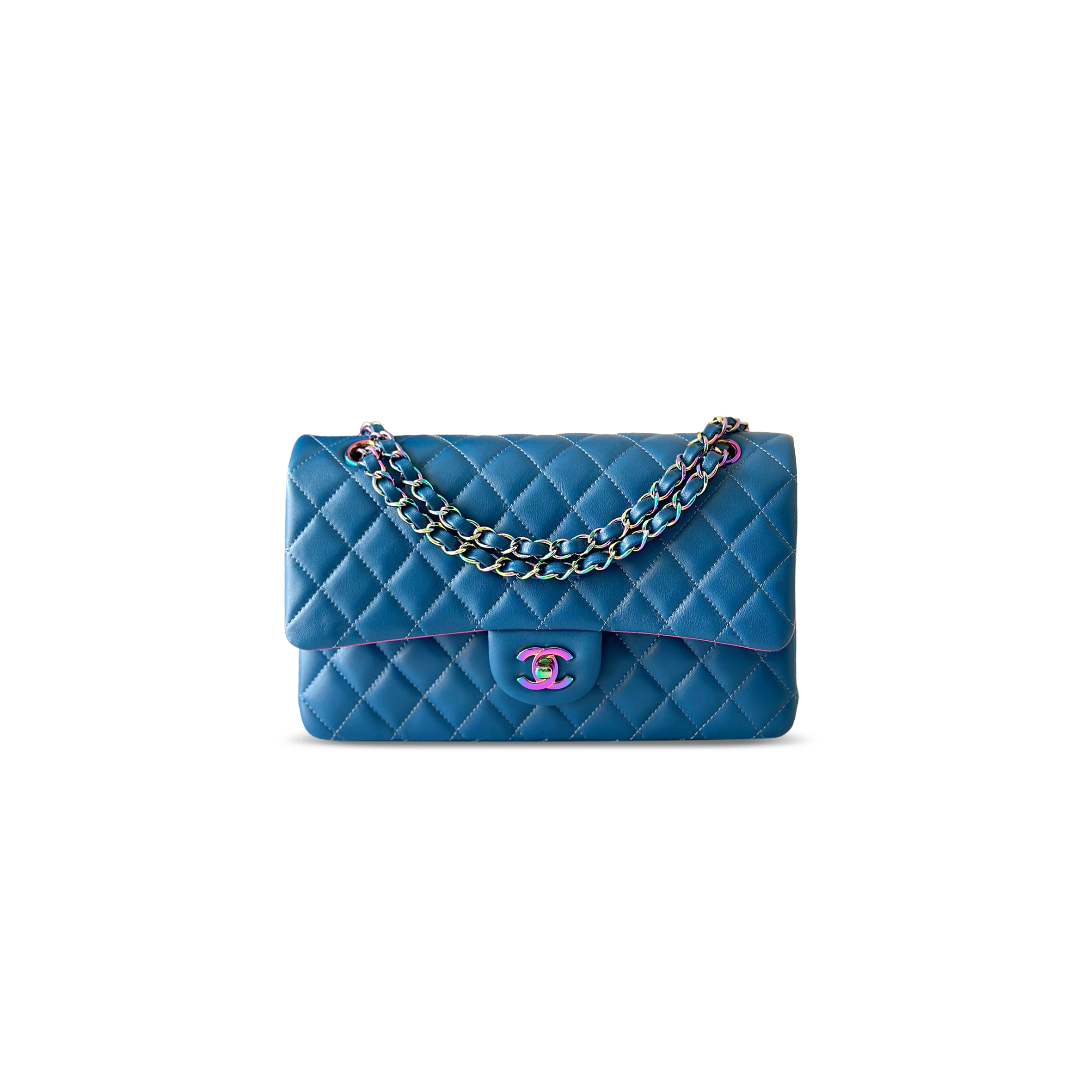 Ch*el rainbow classic medium double flap bag bule a01112 (25*16*8cm)